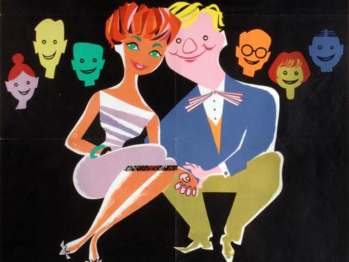 Plakat für Kinowerbung von Bernd Reichert, um 1958: „Mach dir ein paar schöne Stunden – Geh ins Kino“. Schwarzer Grund, in der Plakatmitte ein aneinandergeschmiegtes, sitzendes Paar, das sich an den Händen hält.